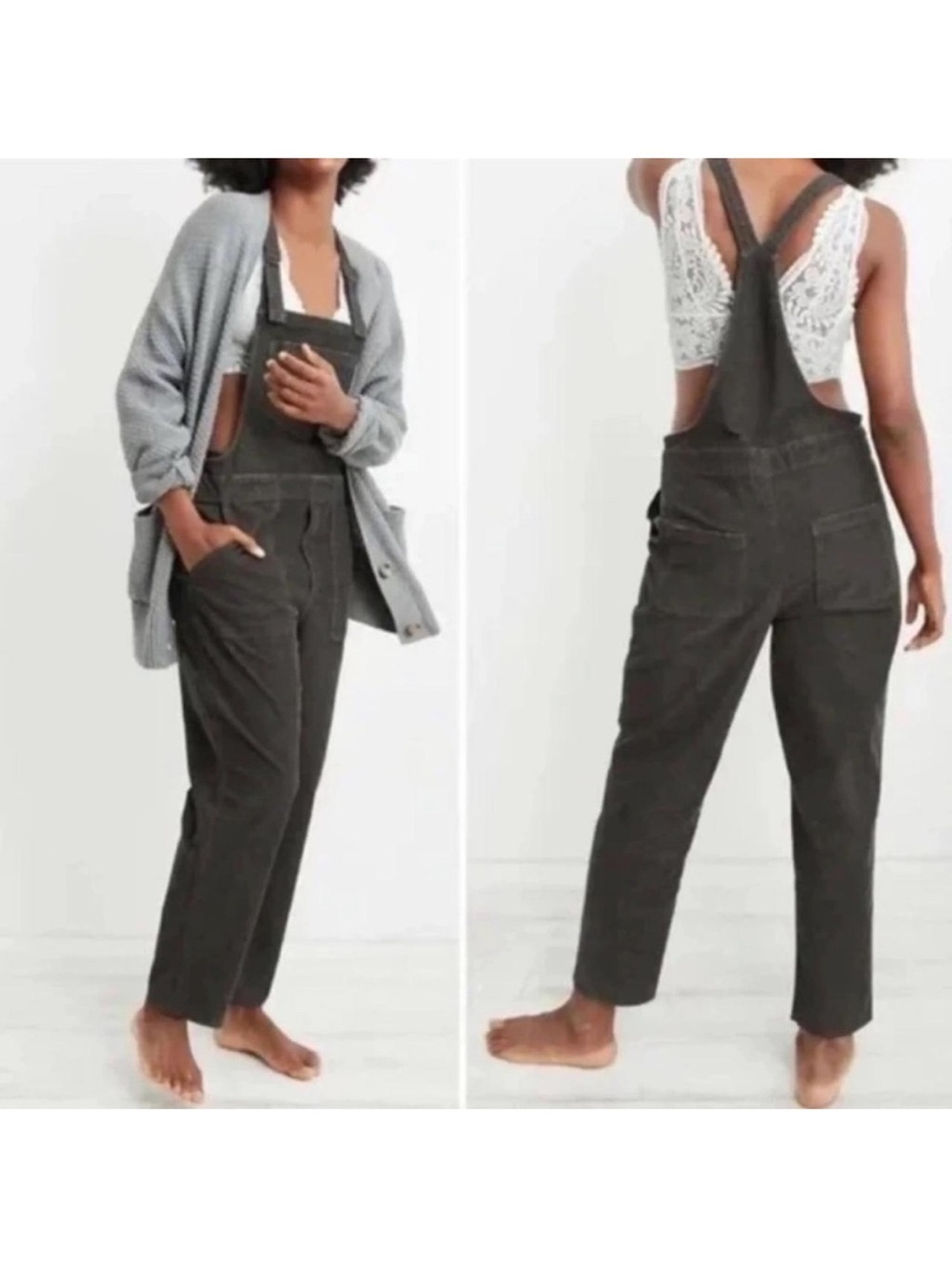 NEW Aerie Charcoal Corduroy Overalls - Relaxed Fit Jumpsuit